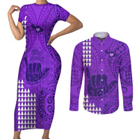 Strong Maui Couples Matching Short Sleeve Bodycon Dress and Long Sleeve Button Shirts Good Living Hawaii with Shaka Sign Kakau Tribal Purple LT9 - Wonder Print Shop