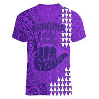 Strong Maui Women V Neck T Shirt Good Living Hawaii with Shaka Sign Kakau Tribal Purple - Wonder Print Shop