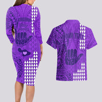 Personalised Strong Maui Couples Matching Long Sleeve Bodycon Dress and Hawaiian Shirt Good Living Hawaii with Shaka Sign Kakau Tribal Purple LT9 - Wonder Print Shop