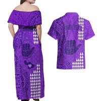Personalised Strong Maui Couples Matching Off Shoulder Maxi Dress and Hawaiian Shirt Good Living Hawaii with Shaka Sign Kakau Tribal Purple LT9 - Wonder Print Shop