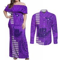 Personalised Strong Maui Couples Matching Off Shoulder Maxi Dress and Long Sleeve Button Shirts Good Living Hawaii with Shaka Sign Kakau Tribal Purple LT9 - Wonder Print Shop