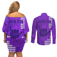 Personalised Strong Maui Couples Matching Off Shoulder Short Dress and Long Sleeve Button Shirts Good Living Hawaii with Shaka Sign Kakau Tribal Purple LT9 - Wonder Print Shop