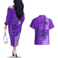 Personalised Strong Maui Couples Matching Off The Shoulder Long Sleeve Dress and Hawaiian Shirt Good Living Hawaii with Shaka Sign Kakau Tribal Purple LT9 - Wonder Print Shop