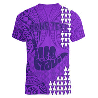 Personalised Strong Maui Women V Neck T Shirt Good Living Hawaii with Shaka Sign Kakau Tribal Purple - Wonder Print Shop