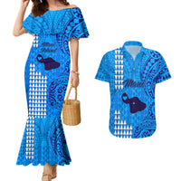 Maui Island Couples Matching Mermaid Dress and Hawaiian Shirt Kakau Tribal Mixed Polynesian Pattern Blue LT9 - Wonder Print Shop