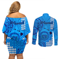 Maui Island Couples Matching Off Shoulder Short Dress and Long Sleeve Button Shirts Kakau Tribal Mixed Polynesian Pattern Blue LT9 - Wonder Print Shop