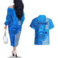 Maui Island Couples Matching Off The Shoulder Long Sleeve Dress and Hawaiian Shirt Kakau Tribal Mixed Polynesian Pattern Blue LT9 - Wonder Print Shop
