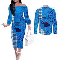 maui-island-couples-matching-off-the-shoulder-long-sleeve-dress-and-long-sleeve-button-shirts-kakau-tribal-mixed-polynesian-pattern-blue