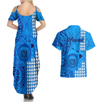 Maui Island Couples Matching Summer Maxi Dress and Hawaiian Shirt Kakau Tribal Mixed Polynesian Pattern Blue LT9 - Wonder Print Shop