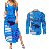 Maui Island Couples Matching Summer Maxi Dress and Long Sleeve Button Shirts Kakau Tribal Mixed Polynesian Pattern Blue LT9 - Wonder Print Shop