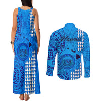Maui Island Couples Matching Tank Maxi Dress and Long Sleeve Button Shirts Kakau Tribal Mixed Polynesian Pattern Blue LT9 - Wonder Print Shop