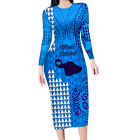Maui Island Long Sleeve Bodycon Dress Kakau Tribal Mixed Polynesian Pattern Blue - Wonder Print Shop
