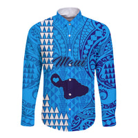 Maui Island Long Sleeve Button Shirt Kakau Tribal Mixed Polynesian Pattern Blue - Wonder Print Shop