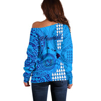 Maui Island Off Shoulder Sweater Kakau Tribal Mixed Polynesian Pattern Blue - Wonder Print Shop