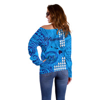 Maui Island Off Shoulder Sweater Kakau Tribal Mixed Polynesian Pattern Blue - Wonder Print Shop