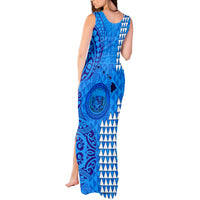 Maui Island Tank Maxi Dress Kakau Tribal Mixed Polynesian Pattern Blue - Wonder Print Shop