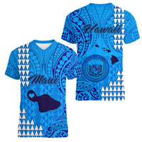 Maui Island Women V Neck T Shirt Kakau Tribal Mixed Polynesian Pattern Blue - Wonder Print Shop