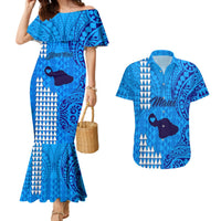 Personalised Maui Island Couples Matching Mermaid Dress and Hawaiian Shirt Kakau Tribal Mixed Polynesian Pattern Blue LT9 - Wonder Print Shop