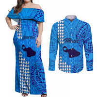 Personalised Maui Island Couples Matching Off Shoulder Maxi Dress and Long Sleeve Button Shirts Kakau Tribal Mixed Polynesian Pattern Blue LT9 - Wonder Print Shop