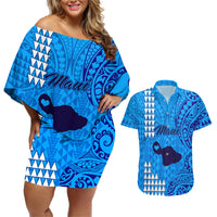 Personalised Maui Island Couples Matching Off Shoulder Short Dress and Hawaiian Shirt Kakau Tribal Mixed Polynesian Pattern Blue LT9 - Wonder Print Shop
