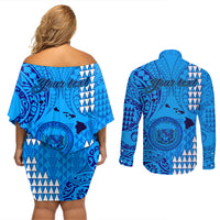 Personalised Maui Island Couples Matching Off Shoulder Short Dress and Long Sleeve Button Shirts Kakau Tribal Mixed Polynesian Pattern Blue LT9 - Wonder Print Shop