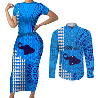 Personalised Maui Island Couples Matching Short Sleeve Bodycon Dress and Long Sleeve Button Shirts Kakau Tribal Mixed Polynesian Pattern Blue LT9 - Wonder Print Shop