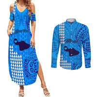 Personalised Maui Island Couples Matching Summer Maxi Dress and Long Sleeve Button Shirts Kakau Tribal Mixed Polynesian Pattern Blue LT9 - Wonder Print Shop