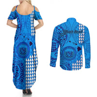 Personalised Maui Island Couples Matching Summer Maxi Dress and Long Sleeve Button Shirts Kakau Tribal Mixed Polynesian Pattern Blue LT9 - Wonder Print Shop