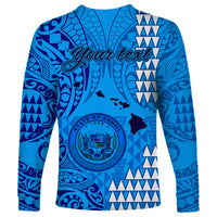Personalised Maui Island Long Sleeve Shirt Kakau Tribal Mixed Polynesian Pattern Blue - Wonder Print Shop