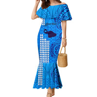 Personalised Maui Island Mermaid Dress Kakau Tribal Mixed Polynesian Pattern Blue - Wonder Print Shop