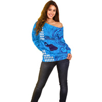Personalised Maui Island Off Shoulder Sweater Kakau Tribal Mixed Polynesian Pattern Blue - Wonder Print Shop