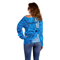 Personalised Maui Island Off Shoulder Sweater Kakau Tribal Mixed Polynesian Pattern Blue - Wonder Print Shop