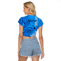 Personalised Maui Island Raglan Cropped T Shirt Kakau Tribal Mixed Polynesian Pattern Blue - Wonder Print Shop