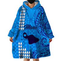 Personalised Maui Island Wearable Blanket Hoodie Kakau Tribal Mixed Polynesian Pattern Blue - Wonder Print Shop