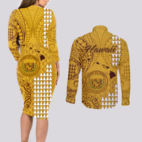 Maui Island Couples Matching Long Sleeve Bodycon Dress and Long Sleeve Button Shirts Kakau Tribal Mixed Polynesian Pattern Gold LT9 - Wonder Print Shop