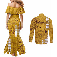 maui-island-couples-matching-mermaid-dress-and-long-sleeve-button-shirts-kakau-tribal-mixed-polynesian-pattern-gold