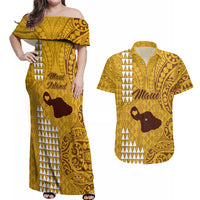 Maui Island Couples Matching Off Shoulder Maxi Dress and Hawaiian Shirt Kakau Tribal Mixed Polynesian Pattern Gold LT9 - Wonder Print Shop