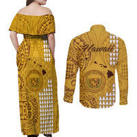 Maui Island Couples Matching Off Shoulder Maxi Dress and Long Sleeve Button Shirts Kakau Tribal Mixed Polynesian Pattern Gold LT9 - Wonder Print Shop