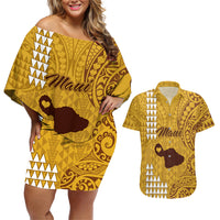 Maui Island Couples Matching Off Shoulder Short Dress and Hawaiian Shirt Kakau Tribal Mixed Polynesian Pattern Gold LT9 - Wonder Print Shop