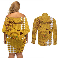 Maui Island Couples Matching Off Shoulder Short Dress and Long Sleeve Button Shirts Kakau Tribal Mixed Polynesian Pattern Gold LT9 - Wonder Print Shop