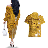 Maui Island Couples Matching Off The Shoulder Long Sleeve Dress and Hawaiian Shirt Kakau Tribal Mixed Polynesian Pattern Gold LT9 - Wonder Print Shop