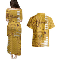 Maui Island Couples Matching Puletasi Dress and Hawaiian Shirt Kakau Tribal Mixed Polynesian Pattern Gold LT9 - Wonder Print Shop