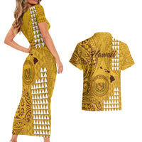 Maui Island Couples Matching Short Sleeve Bodycon Dress and Hawaiian Shirt Kakau Tribal Mixed Polynesian Pattern Gold LT9 - Wonder Print Shop