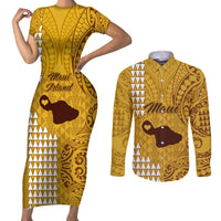 Maui Island Couples Matching Short Sleeve Bodycon Dress and Long Sleeve Button Shirts Kakau Tribal Mixed Polynesian Pattern Gold LT9 - Wonder Print Shop