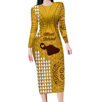 Maui Island Long Sleeve Bodycon Dress Kakau Tribal Mixed Polynesian Pattern Gold - Wonder Print Shop