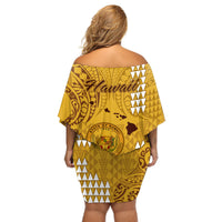 Maui Island Off Shoulder Short Dress Kakau Tribal Mixed Polynesian Pattern Gold - Wonder Print Shop