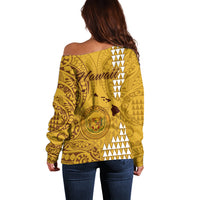 Maui Island Off Shoulder Sweater Kakau Tribal Mixed Polynesian Pattern Gold - Wonder Print Shop