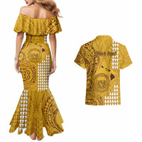 Personalised Maui Island Couples Matching Mermaid Dress and Hawaiian Shirt Kakau Tribal Mixed Polynesian Pattern Gold LT9 - Wonder Print Shop