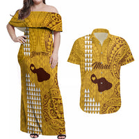 Personalised Maui Island Couples Matching Off Shoulder Maxi Dress and Hawaiian Shirt Kakau Tribal Mixed Polynesian Pattern Gold LT9 - Wonder Print Shop