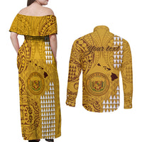 Personalised Maui Island Couples Matching Off Shoulder Maxi Dress and Long Sleeve Button Shirts Kakau Tribal Mixed Polynesian Pattern Gold LT9 - Wonder Print Shop